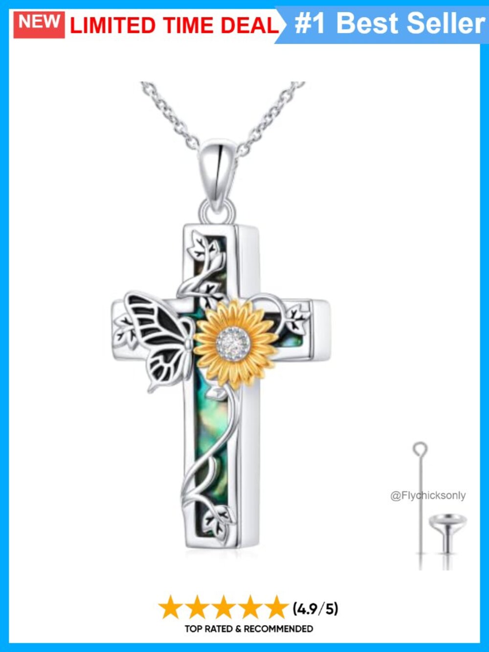 925 Sterling Silver Cross Sunflower Abalone Urn Necklace 18+2in